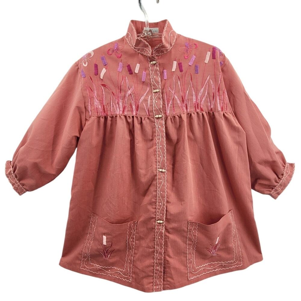 Vintage Pink Cotton Embroidered Tunic Jacket Cottagecore Art To Wear Boho Mystic